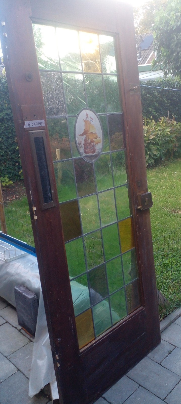 Hardhouten voordeur met Glas in lood en mooi medaillon, Ophalen, Gebruikt, 80 tot 100 cm, 200 tot 215 cm