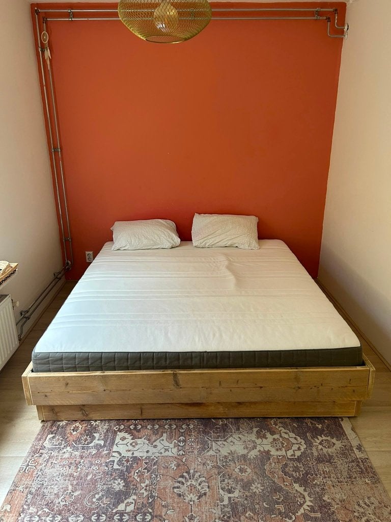 Steigerhouten bed in goede staat, Huis en Inrichting, Slaapkamer | Bedden, Ophalen, Gebruikt, Bruin, Steigerhout
