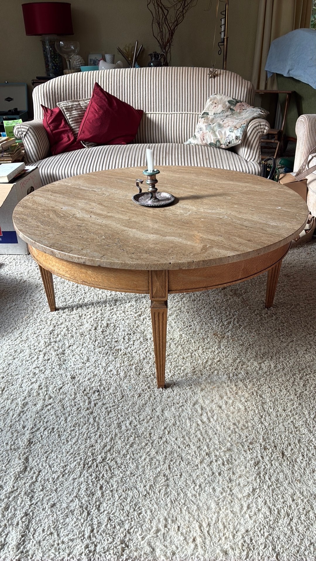 Ronde Vintage tafel met Natuurstenen Blad WEG VOOR ZONDAG!!, Ophalen, 100 tot 150 cm, Rond, 50 tot 100 cm