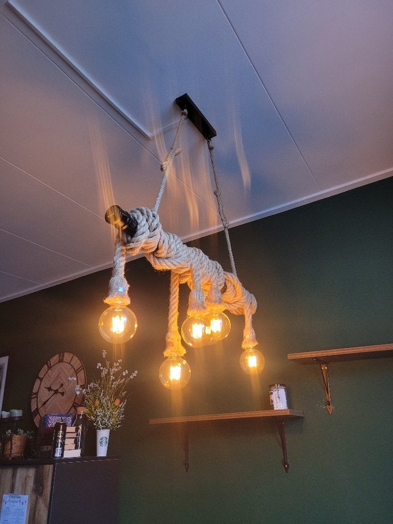 Nieuwe touwlamp met 6 fittingen - Industriële stijl, Nieuw, Industrieel, Rustiek, E27 (groot), Hout