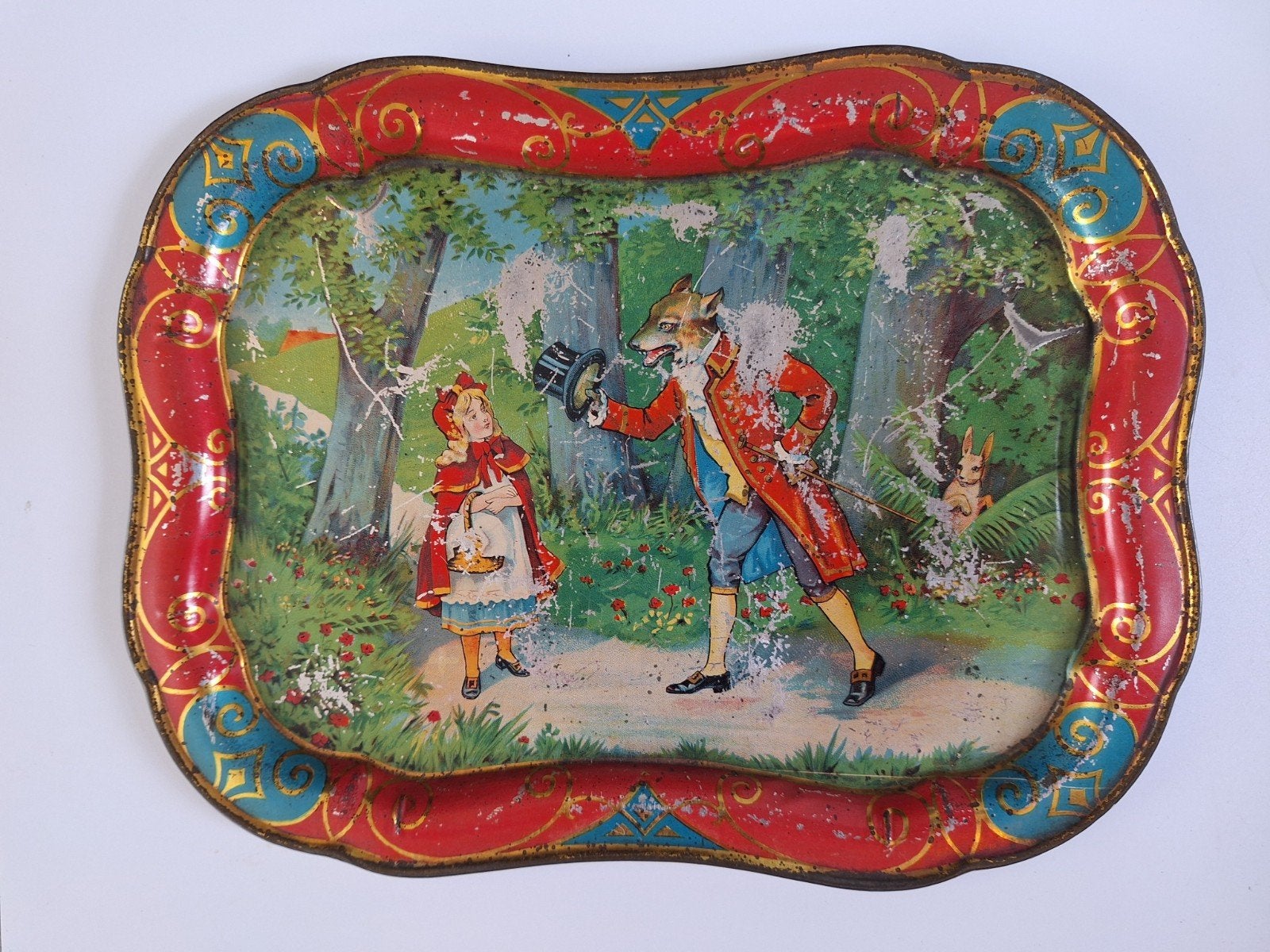 Antiek tinnen dienbladje met Roodkapje en wolf uit circa., Antiek en Kunst, Ophalen of Verzenden