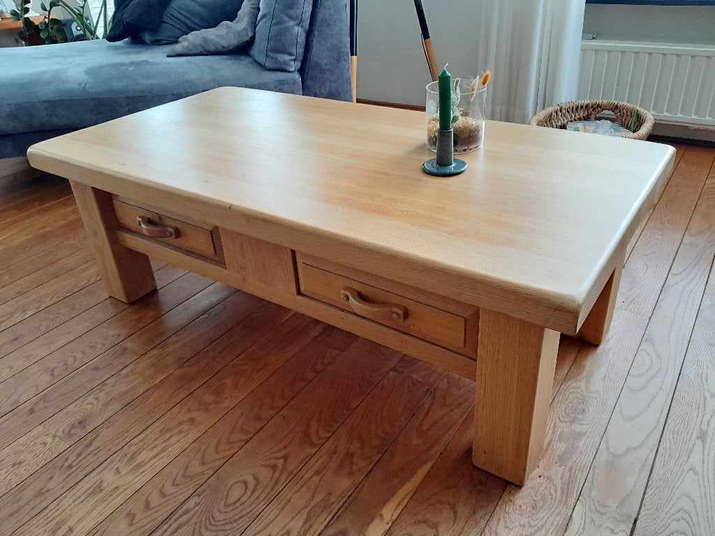 Blank massief eiken salon tafel met lades 130x65x44, Ophalen, Gebruikt, Eikenhout, 50 tot 100 cm