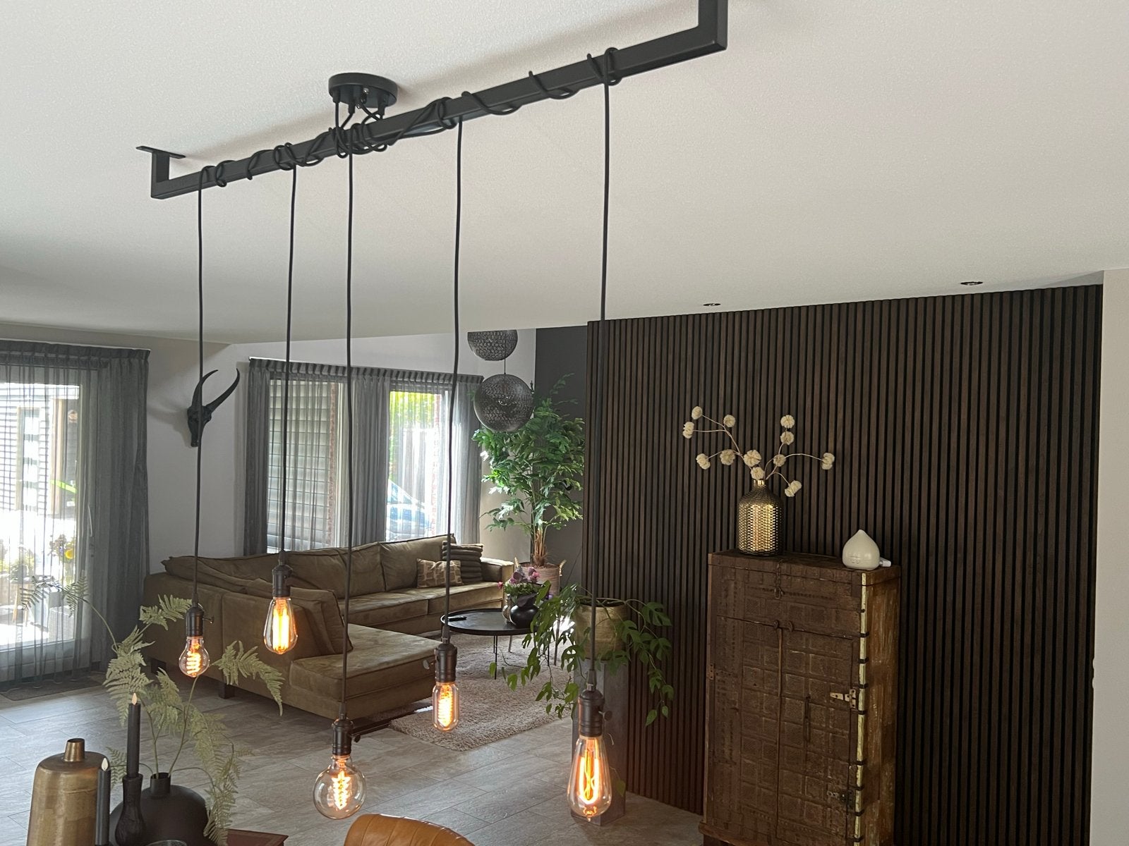 Industriële eettafel hanglamp 150cm incl. 5 Edison lampen, Huis en Inrichting, Ophalen of Verzenden, Zo goed als nieuw, Metaal