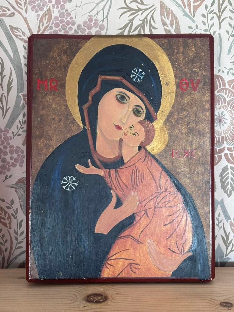 Vintage icoon Maria met kind religieuze afbeelding handwerk, Antiek en Kunst, Ophalen of Verzenden