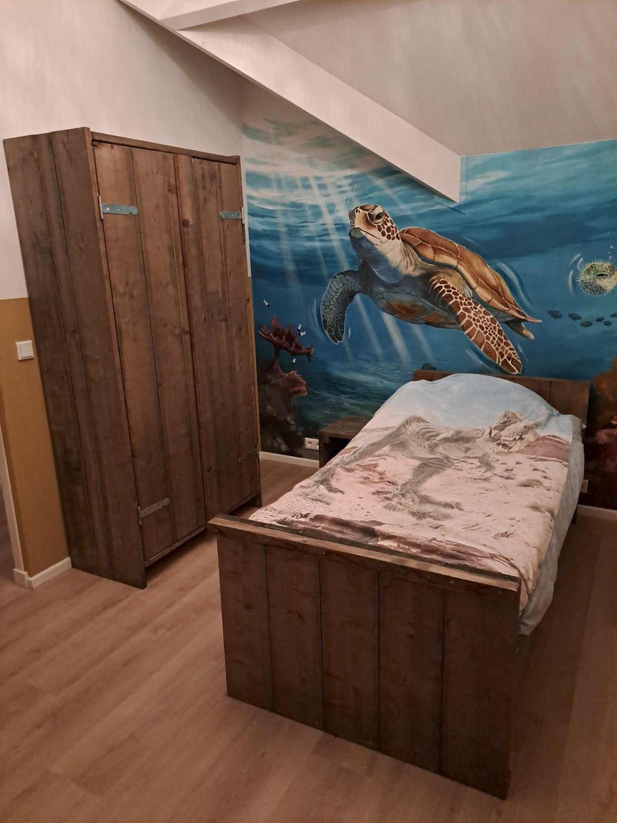 Steigerhout Slaapkamer Set: Bed, Kast en Nachtkastje, Ophalen, Gebruikt, 90 cm, Eenpersoons