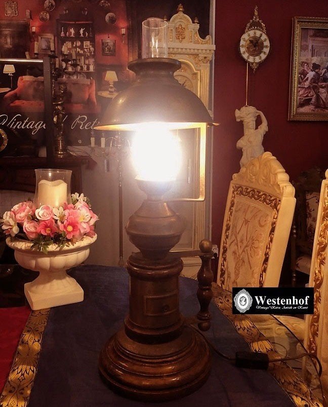 Grote olielamp vintage industrieel tafellamp koper, Ophalen of Verzenden