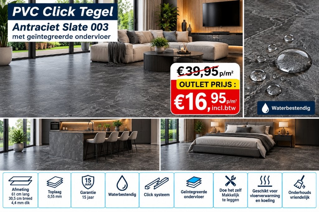 Pvc click Antraciet Slate met integrrede ondervloer €16,95m2