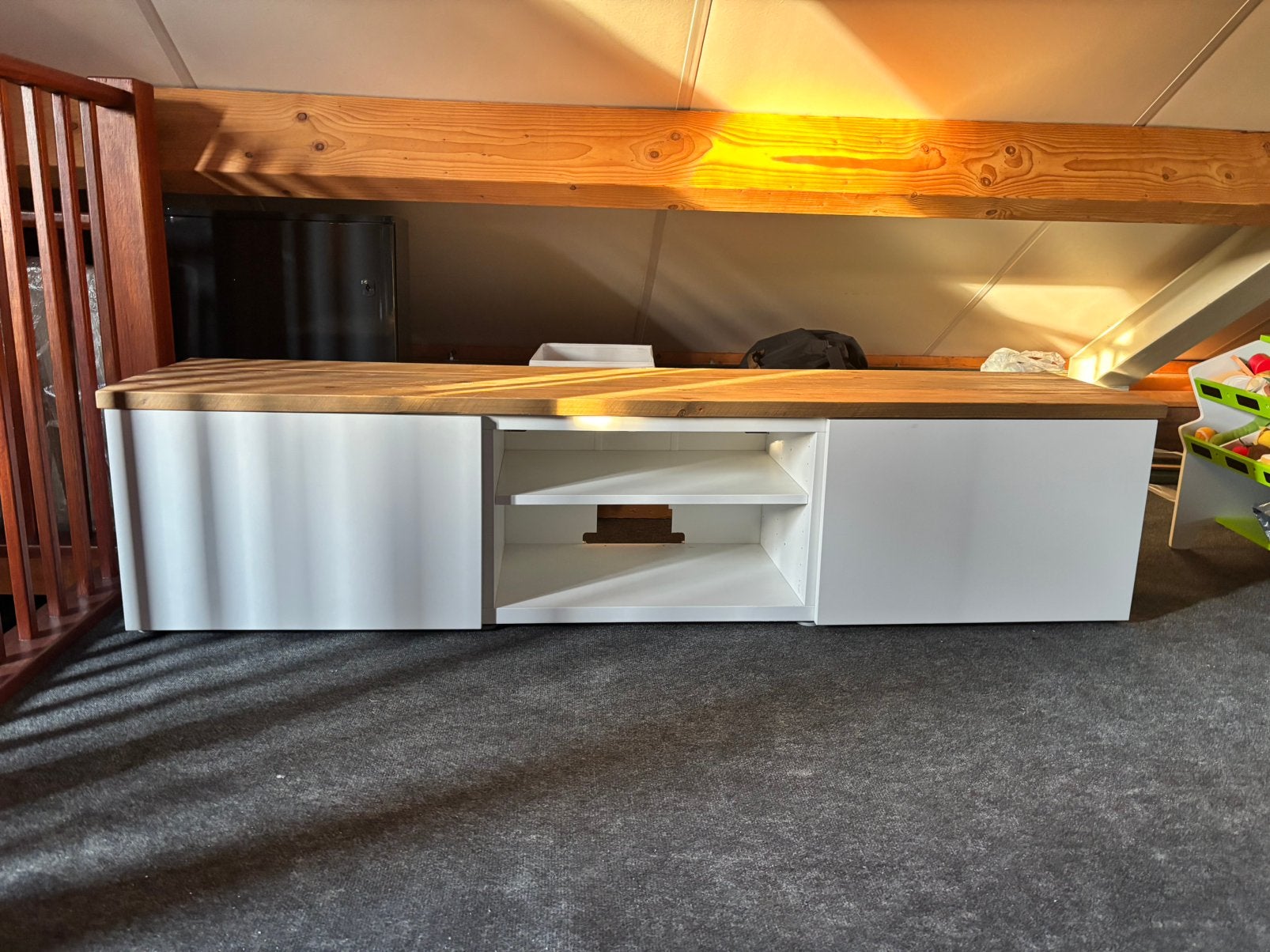 Strak wit tv meubel met houten blad, Ophalen, Gebruikt, 150 tot 200 cm, Minder dan 100 cm
