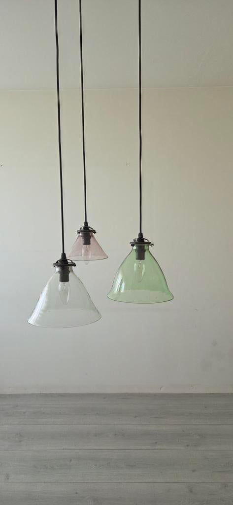 Set van 3 glazen hanglampen - vintage stijl, Huis en Inrichting, Lampen | Hanglampen, Ophalen, Vintage, Industrieel, Eclectisch