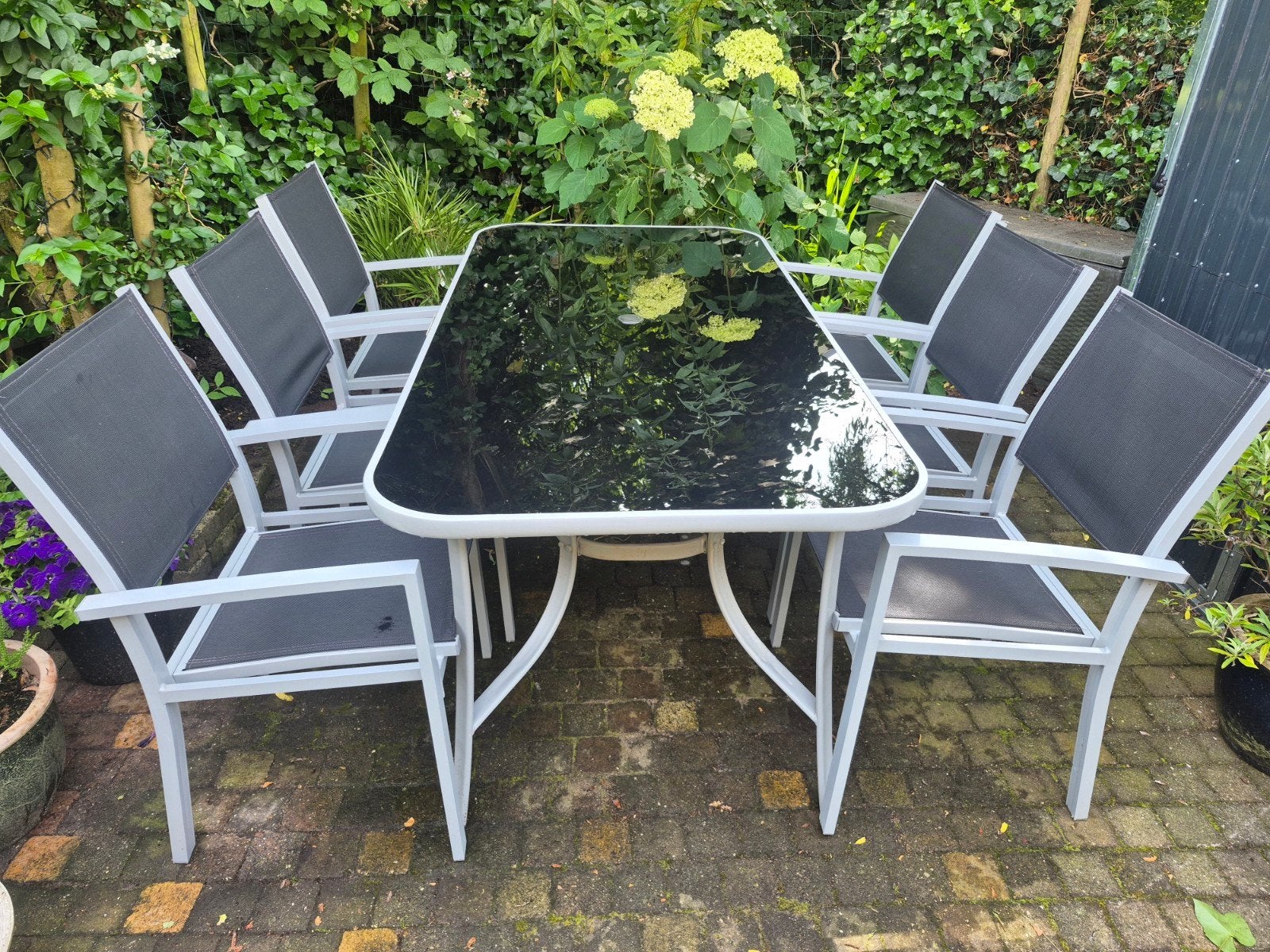 Lichtgewicht 6-persoons tuinset met glazen tafel, 6 zitplaatsen, Ophalen of Verzenden, Zo goed als nieuw, Tuinset