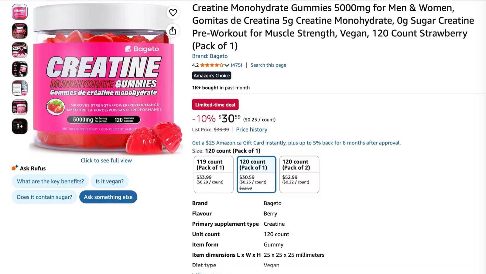 Bageto Creatine Monohydraat Gummies 5000mg - Vegan, Ophalen, Nieuw, Poeder of Drank