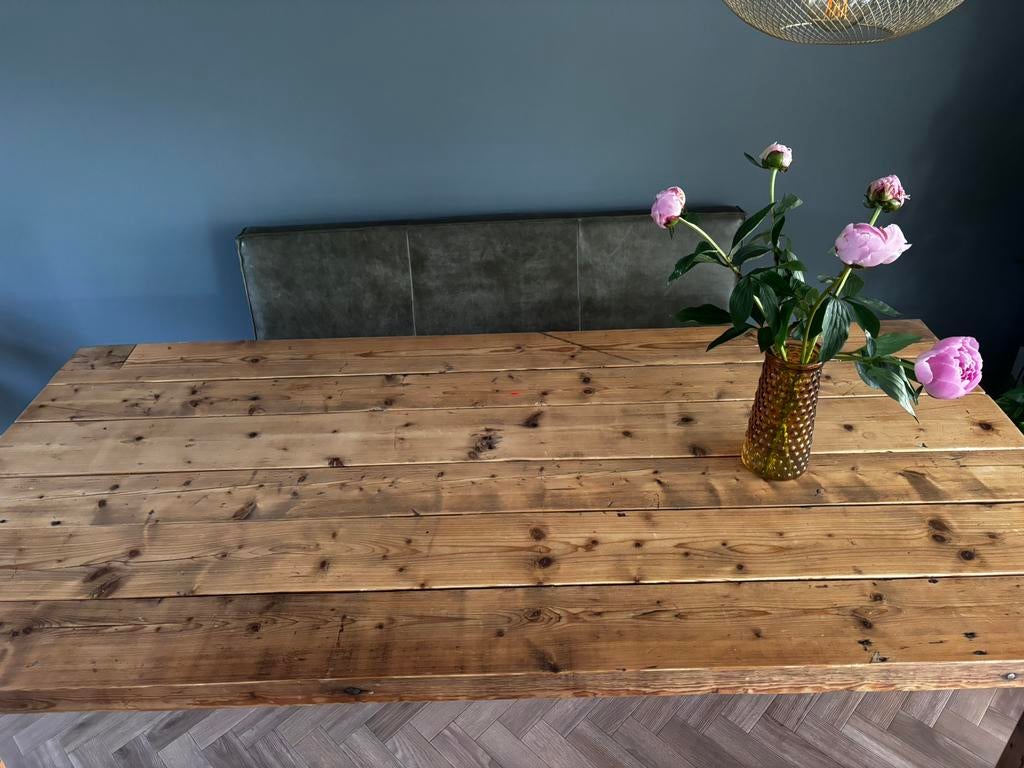 Houten eettafel boerderij balken, Ophalen, Gebruikt, 200 cm of meer, 50 tot 100 cm