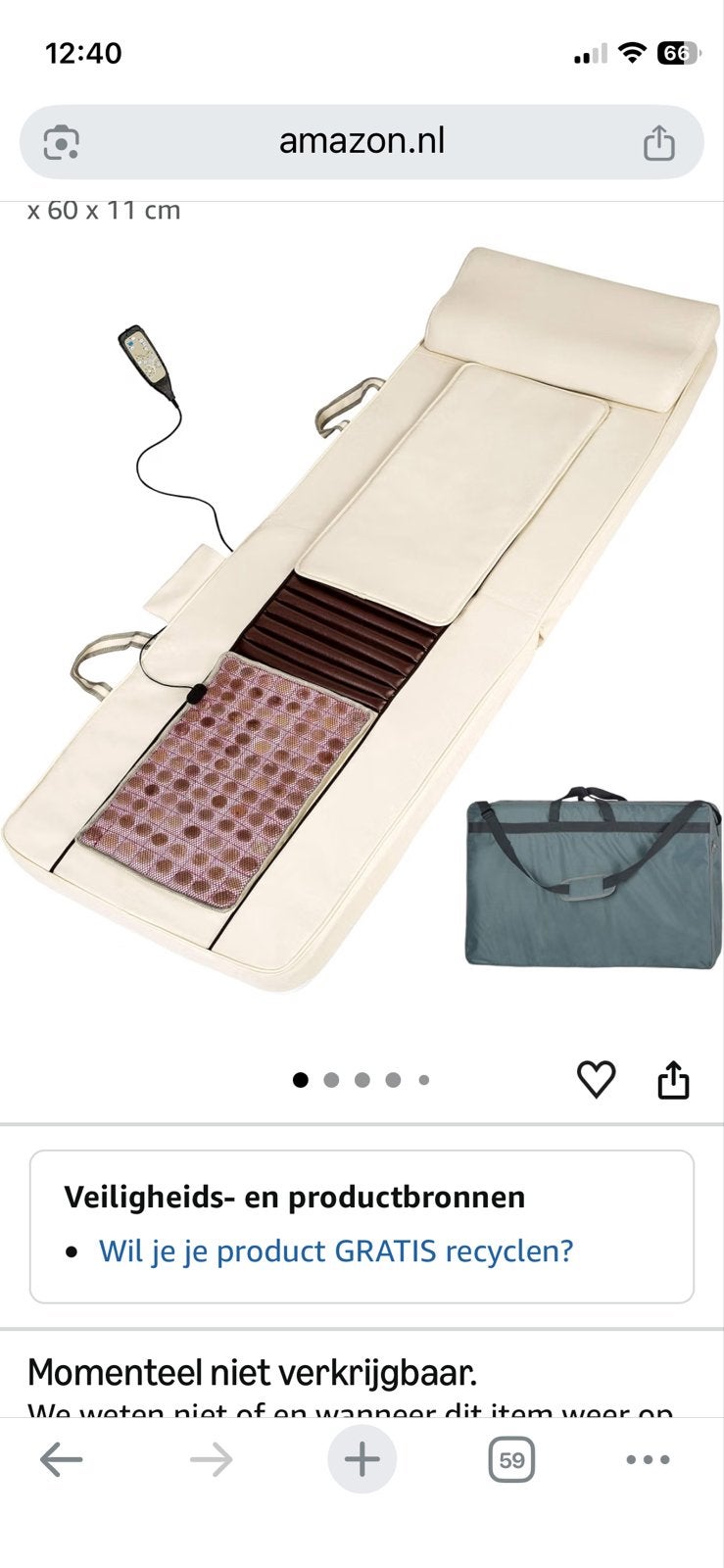 Shiatsu Massagemat met warmtefunctie en draagtas, Ophalen, Zo goed als nieuw, Massagestoel of Kussen