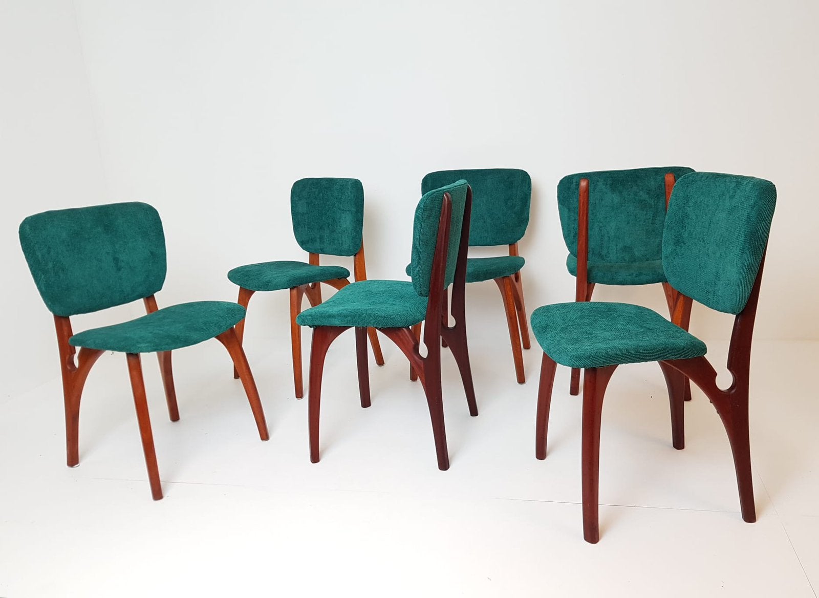 6 vintage teak houten eettafel stoelen nieuw bekleed groen, Twee, Overige kleuren, Nieuw, Ophalen of Verzenden