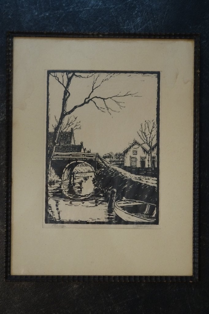 houtsnede brug Lange Houtweg in Loosduinen, C. Steiger 1930, Antiek en Kunst, Ophalen of Verzenden, Landschap, 1900 - 1949, Houtsnede