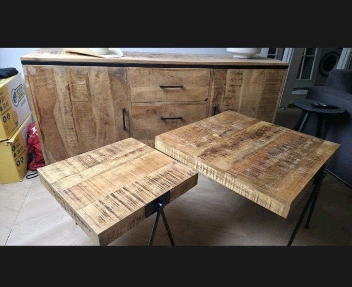 Mango houten bijzettafel, 45 tot 60 cm, Vierkant, Zo goed als nieuw, 55 tot 75 cm