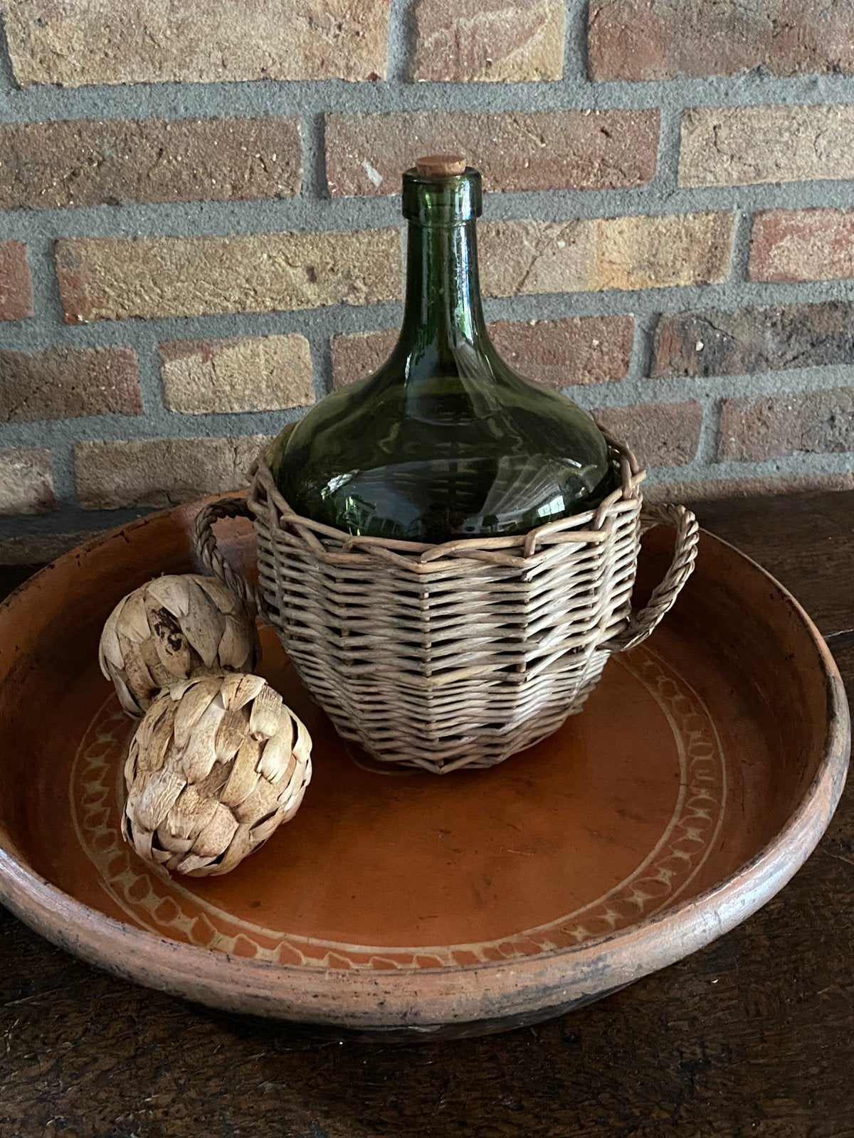 Brocante  kleine groene ( gist) fles met riet, Antiek en Kunst, Ophalen of Verzenden