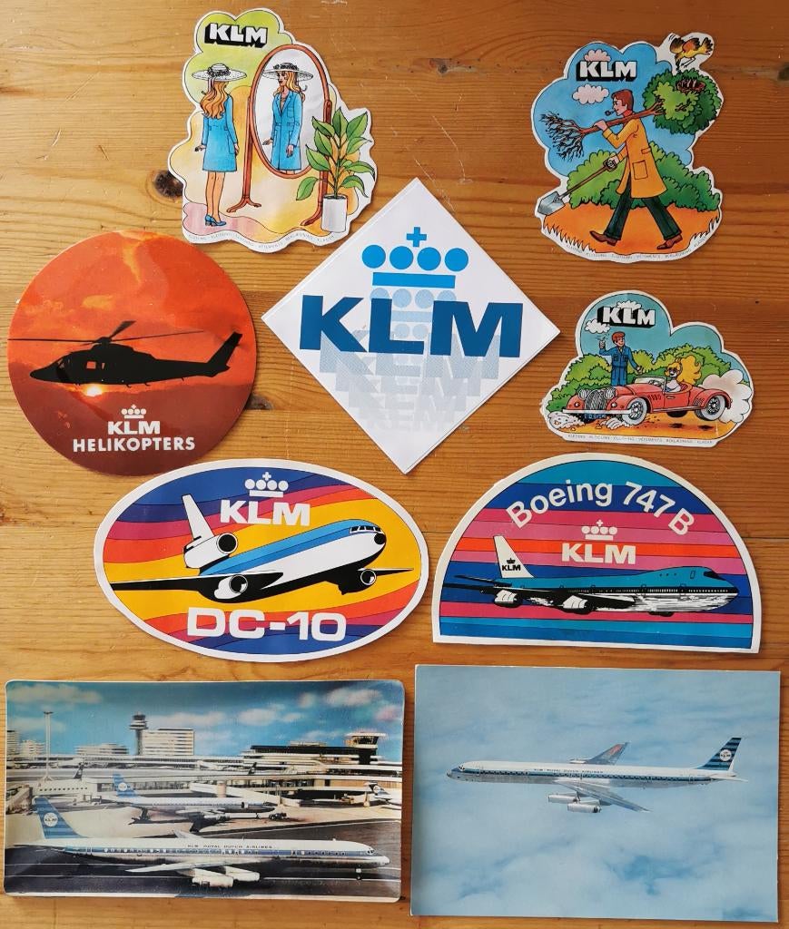 Vintage stickers en ansichtkaarten KLM, Ophalen, Gebruikt, Meerdere stickers