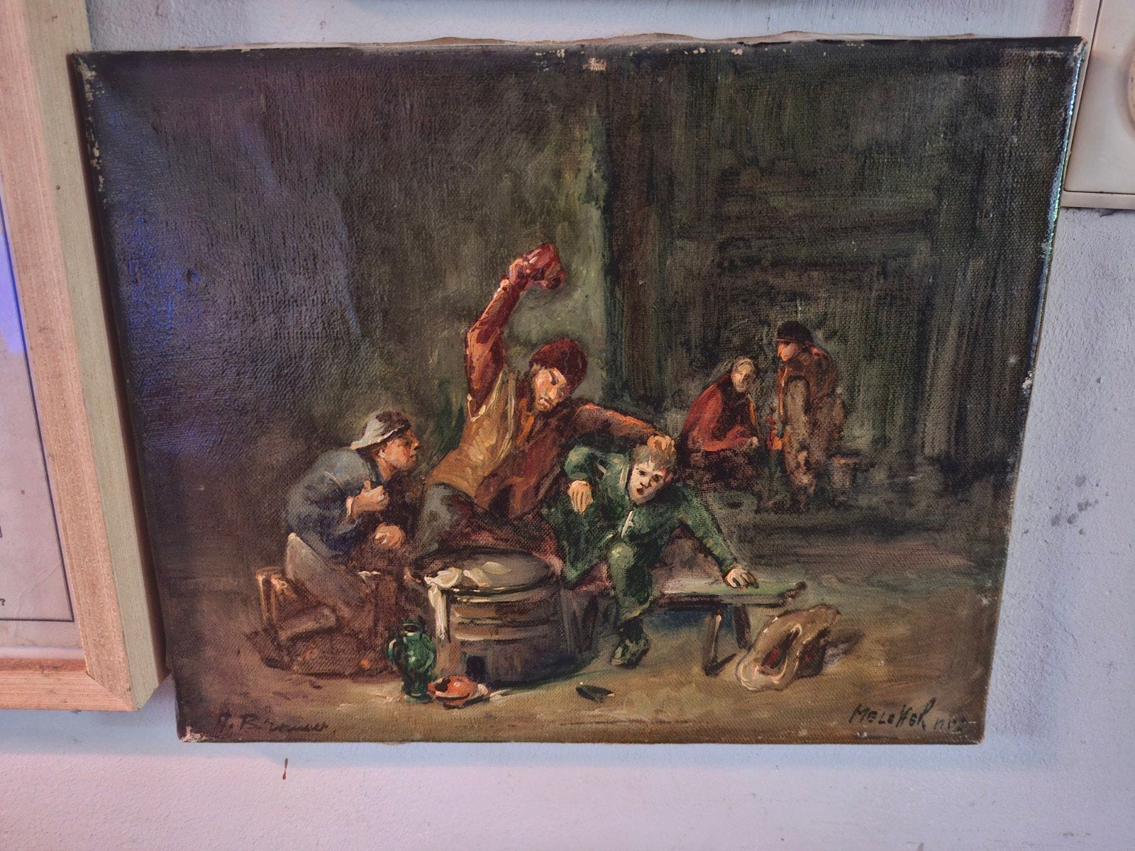 Olieverfschilderij: Scène in een herberg, gesigneerd, Antiek en Kunst, Ophalen of Verzenden