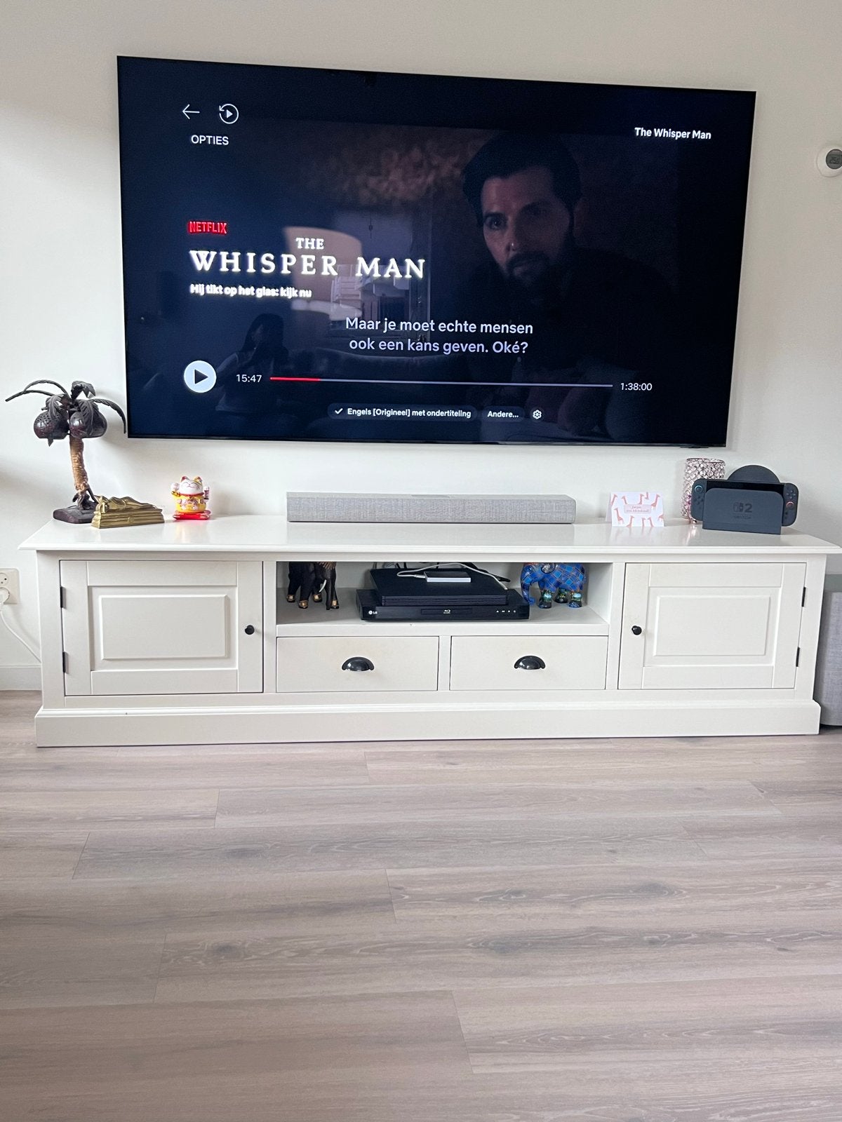 Wit TV-meubel met opbergruimte en lades, Ophalen, Gebruikt, 200 cm of meer, Minder dan 100 cm