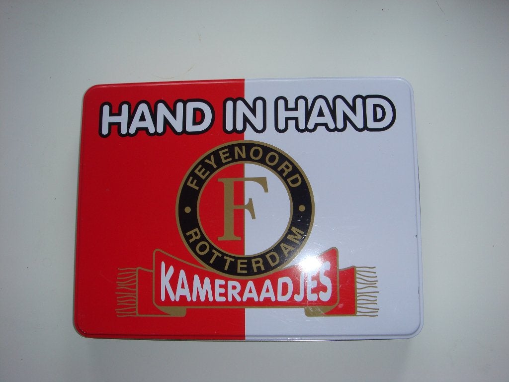 Feyenoord Blik Hand in Hand Kameraadjes, Ophalen of Verzenden, Gebruikt, Koek(jes), Overige merken