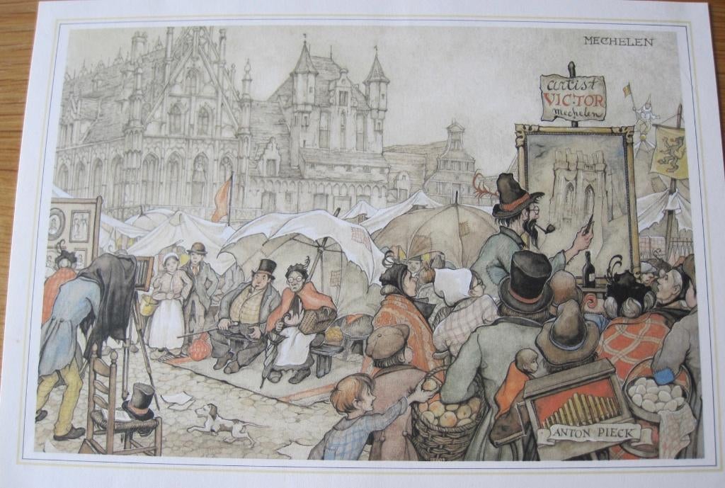 Anton Pieck prent van de markt in Mechelen, 1980 tot heden, Zo goed als nieuw, Prent, Buitenland