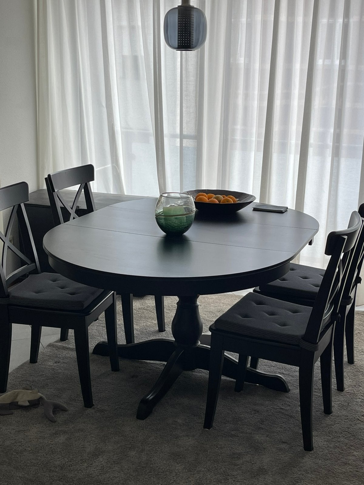Ikea ingatorp uitschuifbare eettafel met stoelen en kussens, Ophalen, 200 cm of meer, 50 tot 100 cm, Zo goed als nieuw