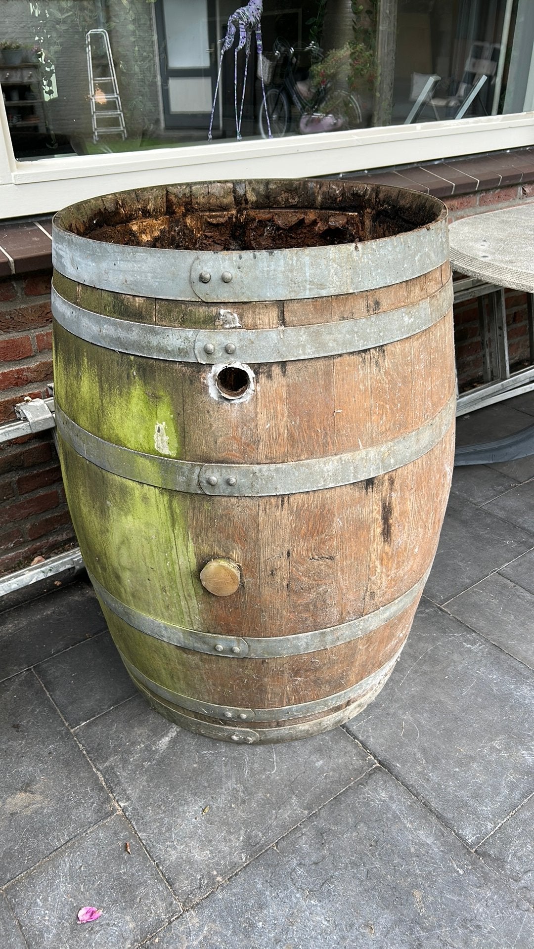 Gratis houten regen/wijn ton., Ophalen, Gebruikt, Met kraantje, 75 tot 150 liter