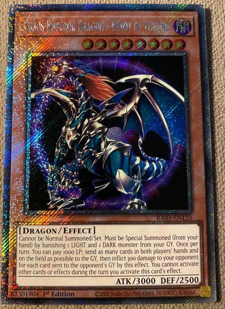 Yu-Gi-Oh! Chaos Emperor Dragon - Envoy of the End RA03 1st !, Ophalen of Verzenden, Zo goed als nieuw, Losse kaart, Foil
