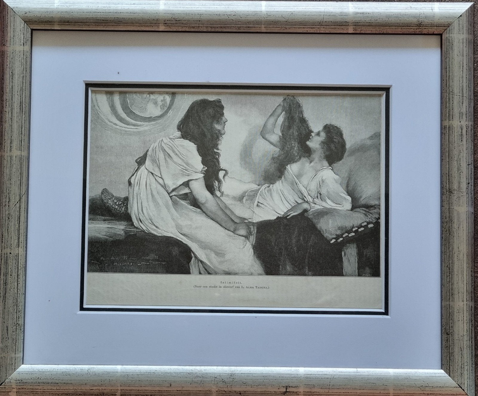 Gravure Alma-Tadema "Intimiteit" ingelijst met passe-partout, Ophalen of Verzenden