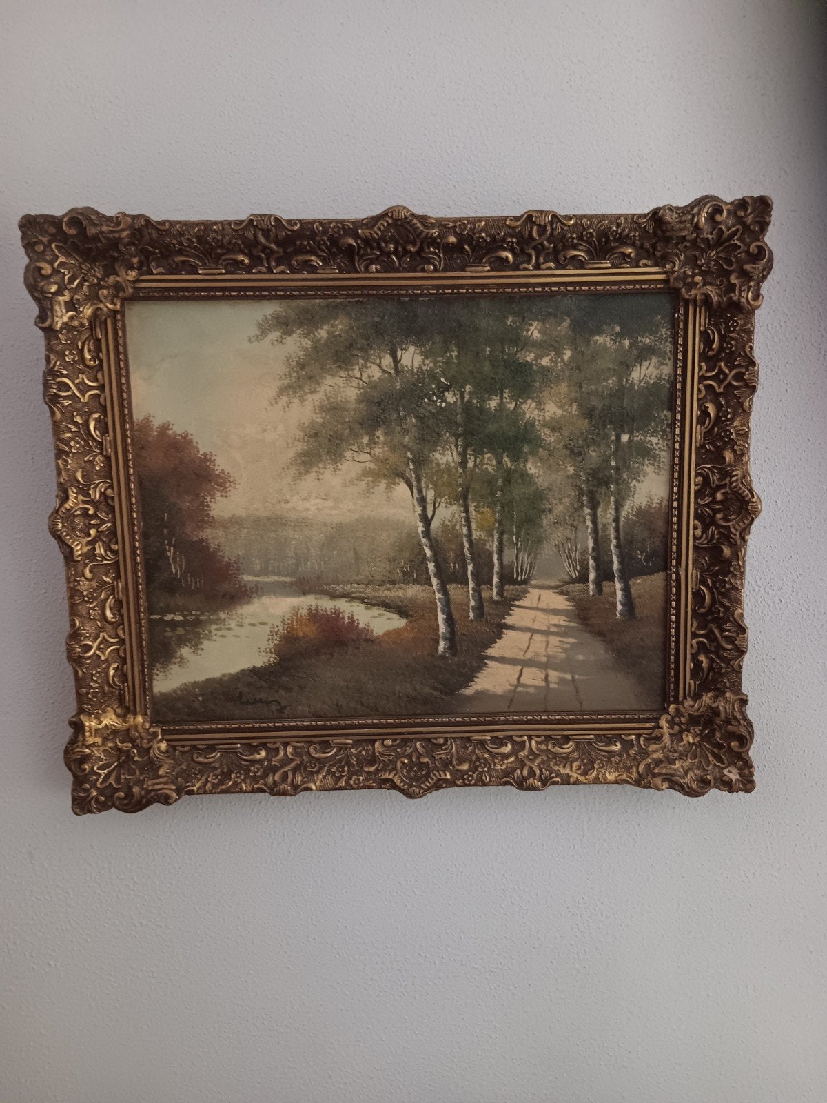 Oud Gesigneerd Landschap Schilderij in Barokke Lijst, Ophalen, Doek, Ingelijst, Landschap