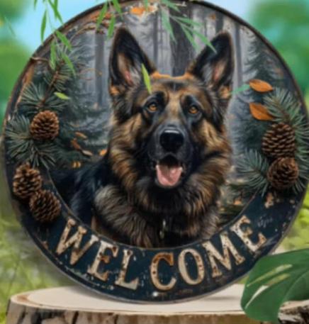 Vintage rond metalen bord Duitse Herder Welcome (20cm)
