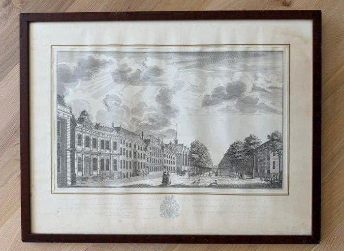 Vintage originele prent - Gezicht op Voorhout Den Haag 1756, Ophalen of Verzenden, Ets, Ingelijst