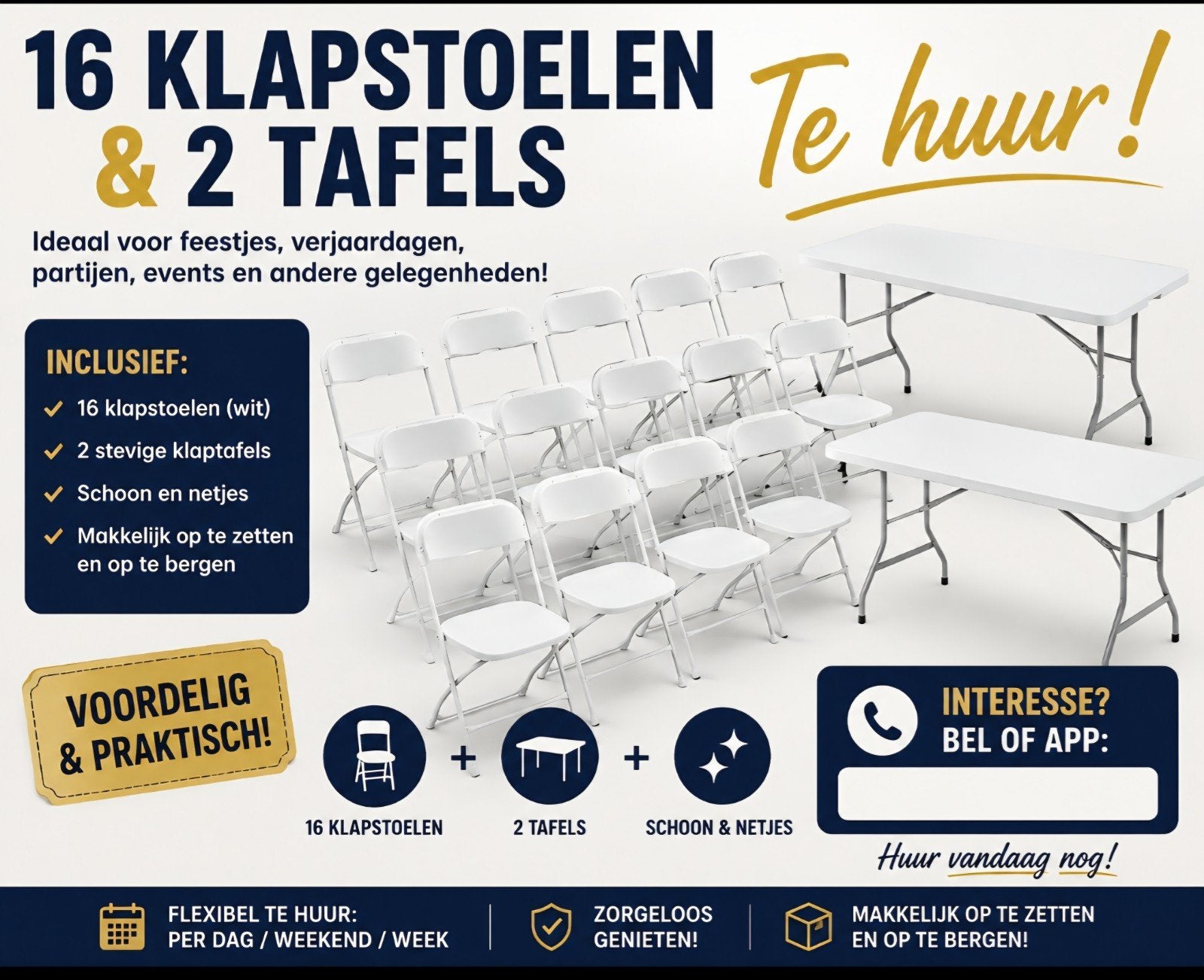 Klapstoelen en tafels te huur, Ophalen of Verzenden, Zo goed als nieuw, Verjaardag