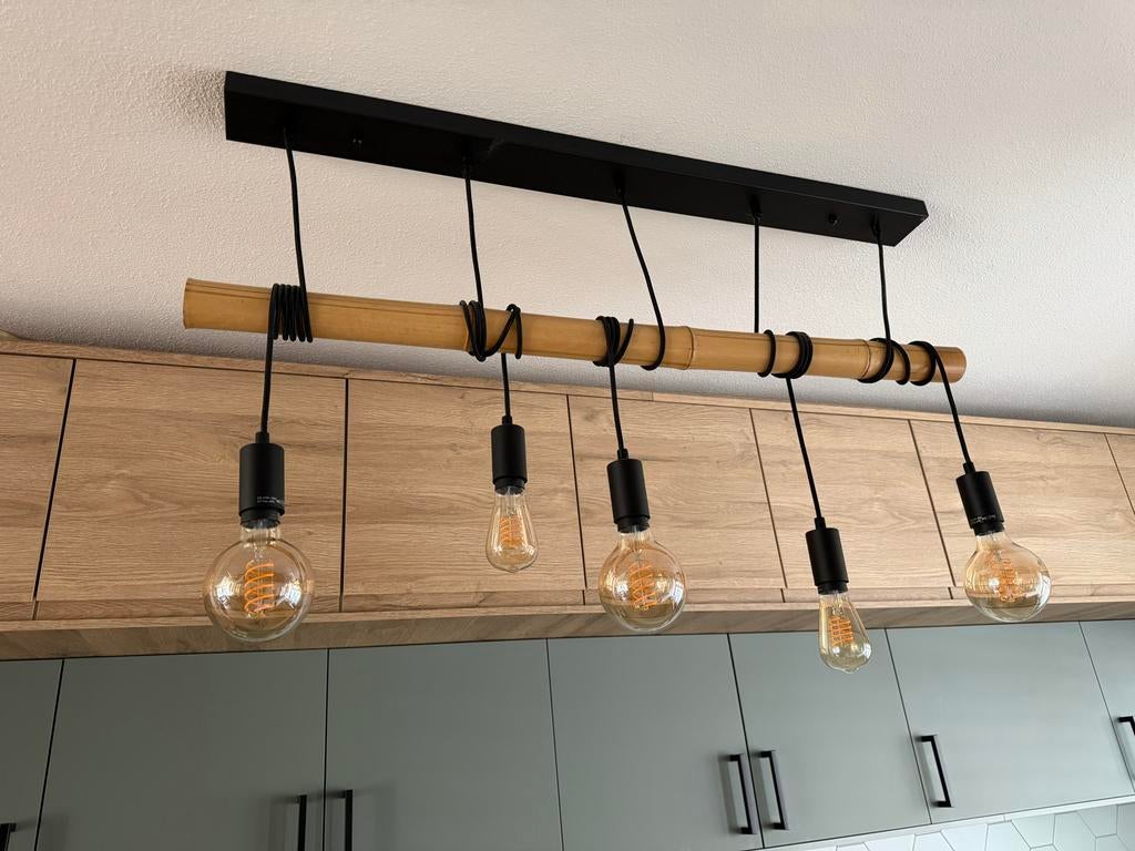 QAZQA facil Hanglamp - 5 lichts - Zwart met bamboe stok, Huis en Inrichting, Lampen | Hanglampen, Ophalen, Zo goed als nieuw, Stof