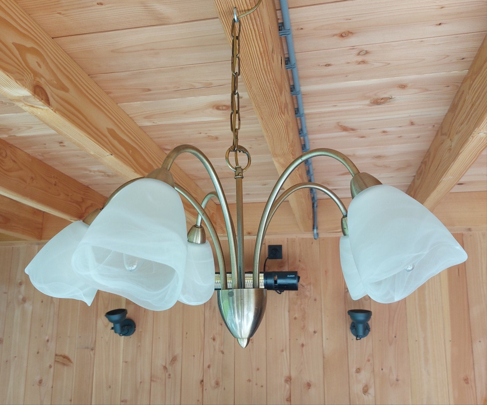 5-armige Retro Tafellamp met Melkglas Kappen, Huis en Inrichting, Lampen | Hanglampen, Ophalen of Verzenden, Gebruikt, Glas, Retro, Vintage
