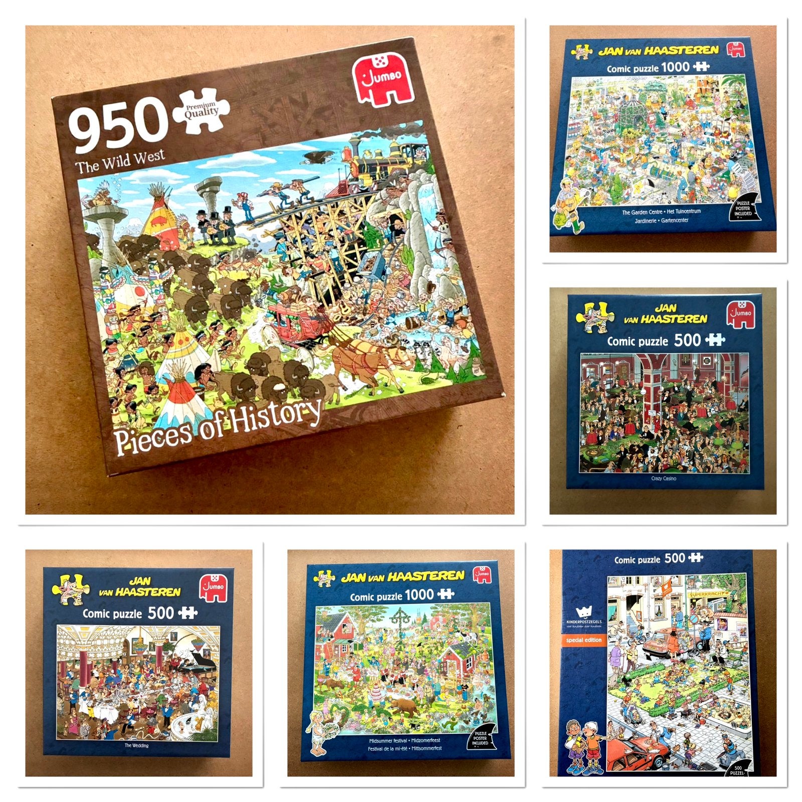 Diverse Jan van Haasteren puzzels en een Pieces of History, Ophalen of Verzenden, 500 t/m 1500 stukjes, Zo goed als nieuw
