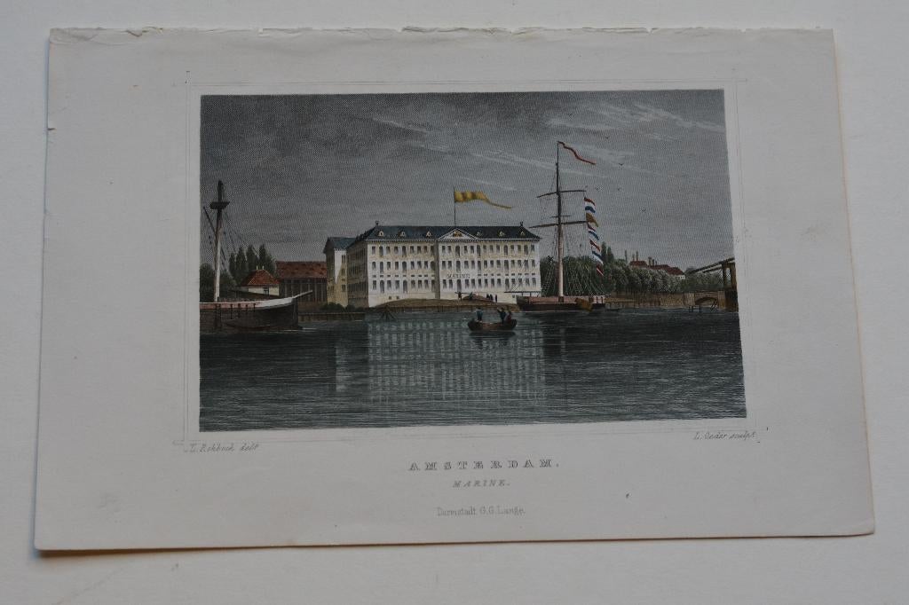 AMSTERDAM MARINE SCHEEPVAARTMUSEUM GRAVURE TERWEN 1858 G21, 10 cm, 1800 - 1899, Verzenden, Stadsgezicht
