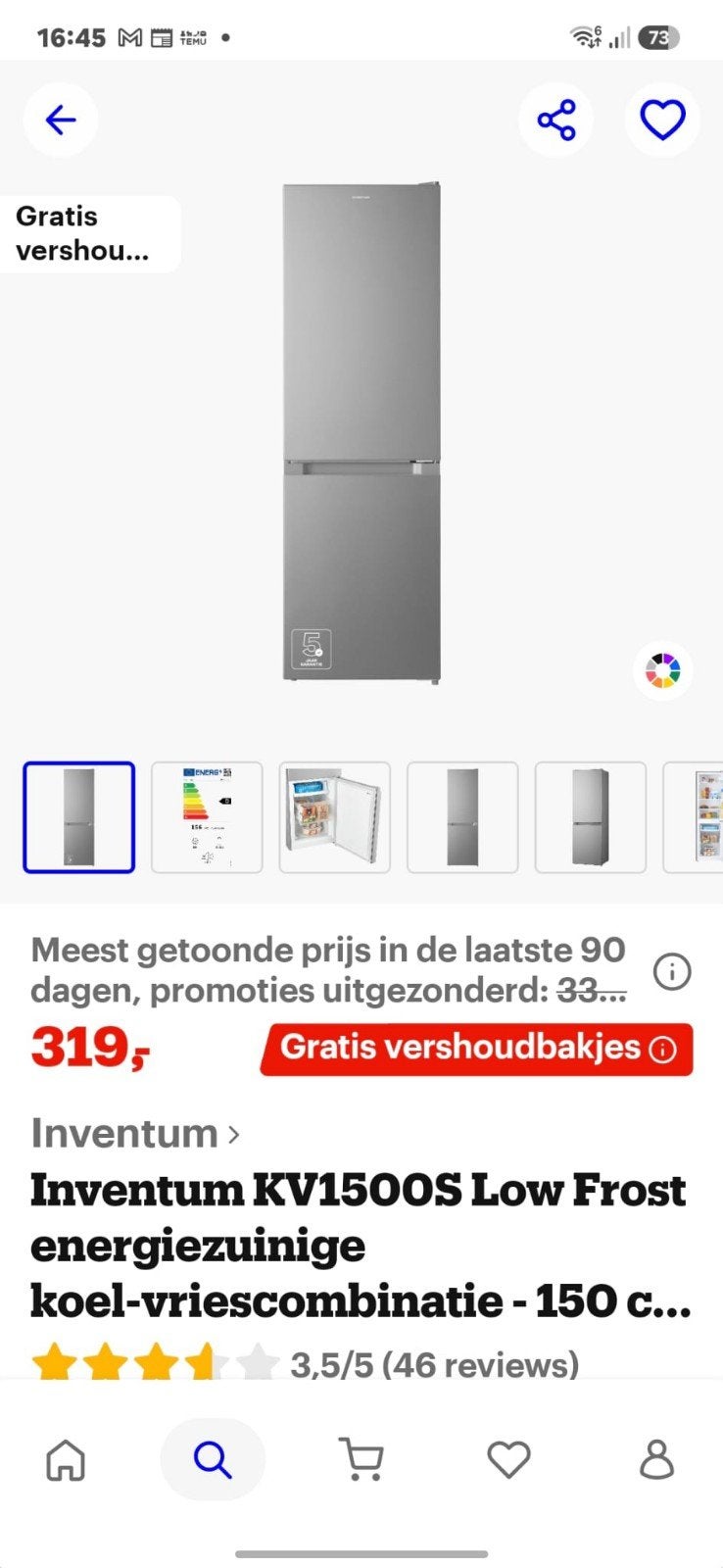 Combi koelkast Inventum 1 jaar oud!, Ophalen, 150 tot 200 liter, Zo goed als nieuw, 140 tot 160 cm