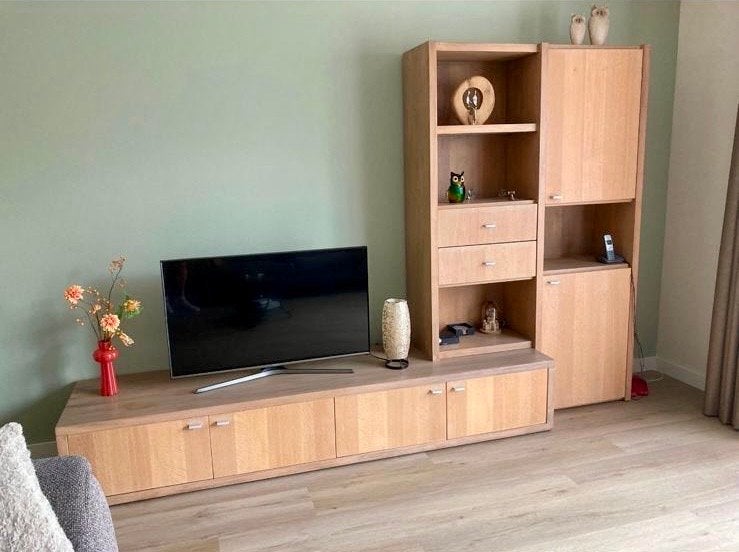 Eikenhouten TV-meubel met wandkast, Ophalen, Gebruikt, Eikenhout, 200 cm of meer