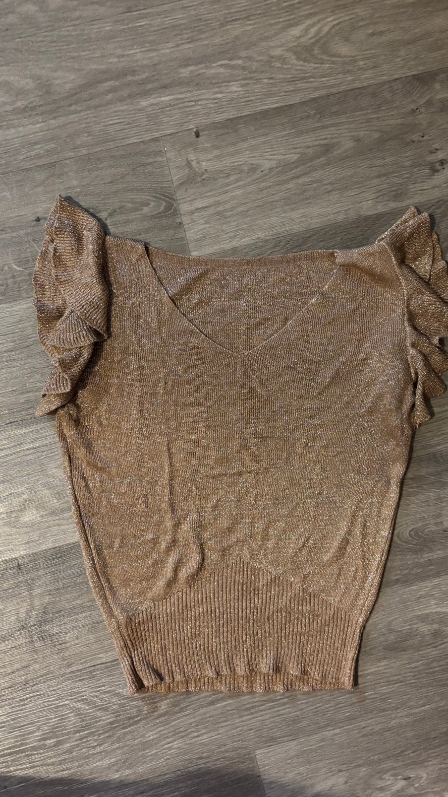 Beige glitter v-hals shirtje, Ophalen of Verzenden, Zo goed als nieuw, Beige, Korte mouw