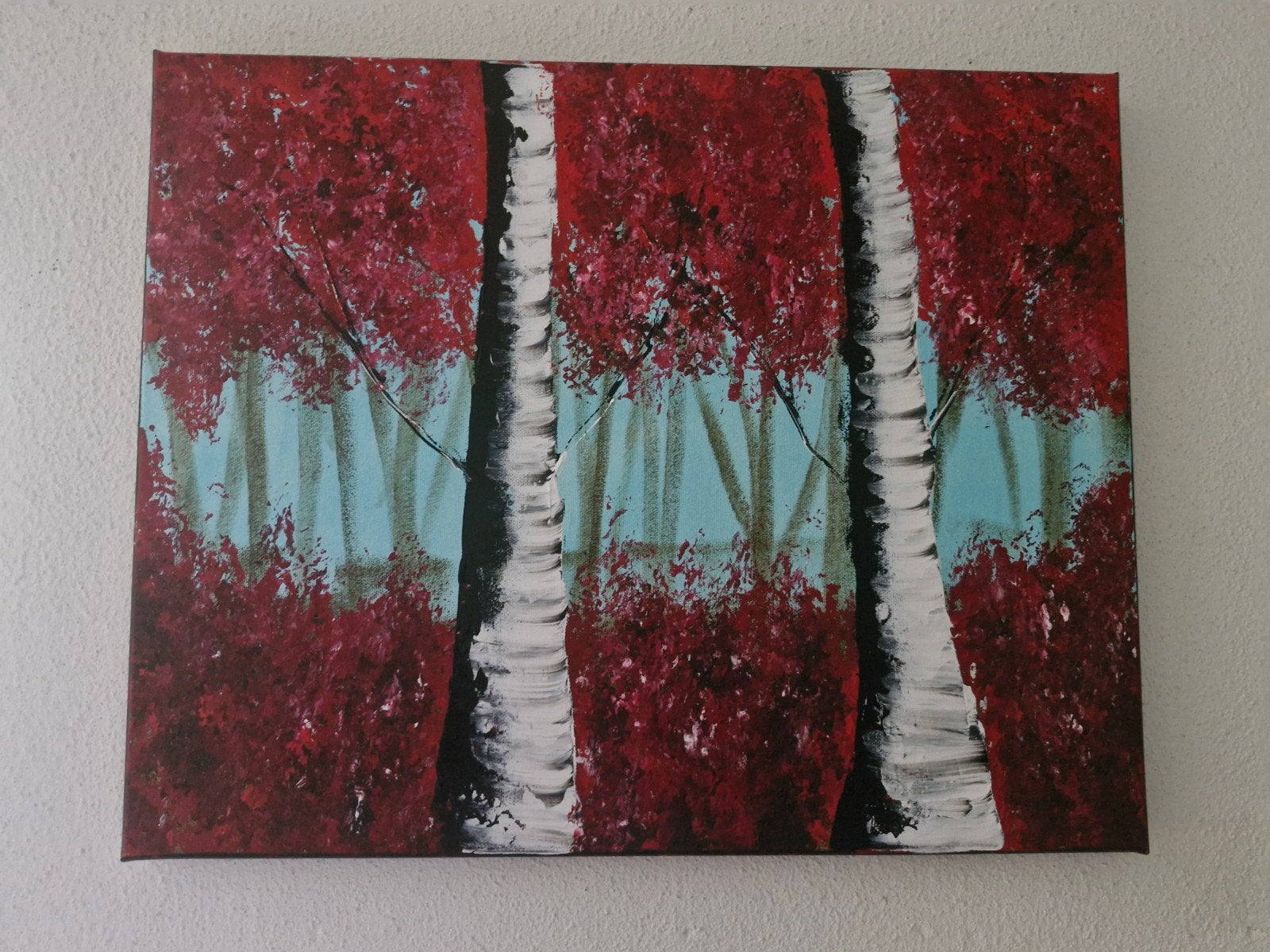 Schilderij 'Magical Forest Rood' van Jamilly, 40x50 cm, Antiek en Kunst, Echtheidscertificaat, Olieverf, Textiel, Landschap
