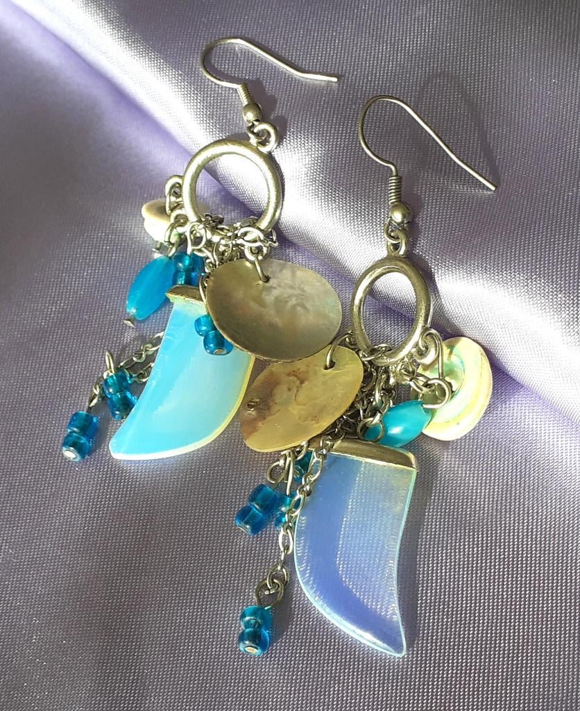 oorbellen chandelier parelmoer opaliet en blauwe parels, Overige materialen, Hangers, Blauw, Nieuw