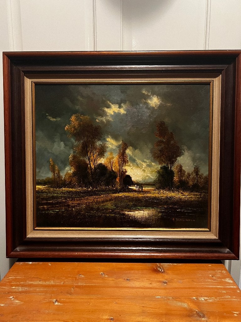 Olieverfschilderij "Landschapstafereel met Boerenkar"., Ophalen of Verzenden