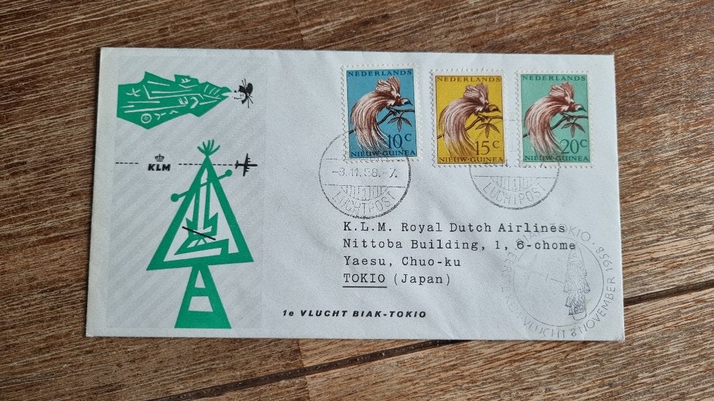 FDC Nederlandse Nieuw-Guinee - 1e vlucht Biak-Tokio 1958, Ophalen of Verzenden, Beschreven, Rest van de wereld