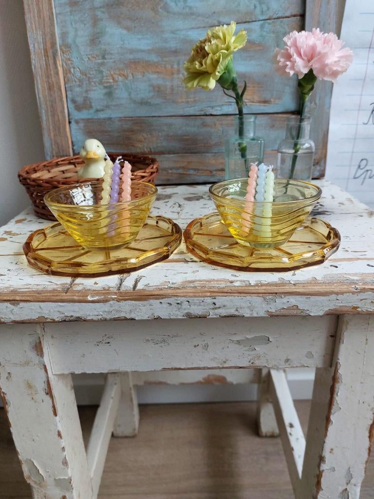 Vintage setje van geel persglas, Ophalen of Verzenden