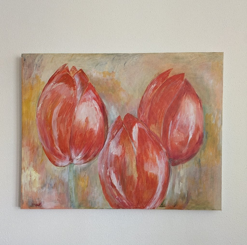 Schilderij met tulpen 90*70 cm olieverf, Ophalen, Olieverf, Handgeschilderd, Bloemen