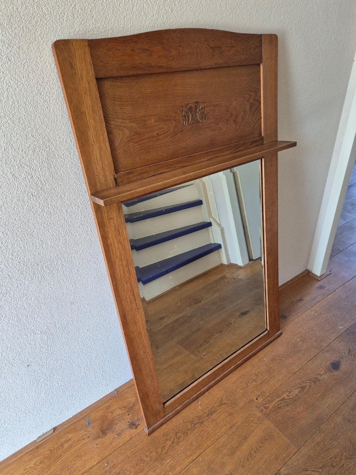 Antieke Eikenhouten Halspiegel met Houtsnijwerk en Planchet, Antiek en Kunst, Ophalen, Rechthoekig, 50 tot 100 cm, 100 tot 150 cm