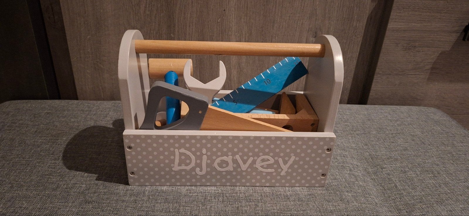 Houten gereedschapskistje met naam: Djavey, Ophalen of Verzenden, Zo goed als nieuw, Knutselen