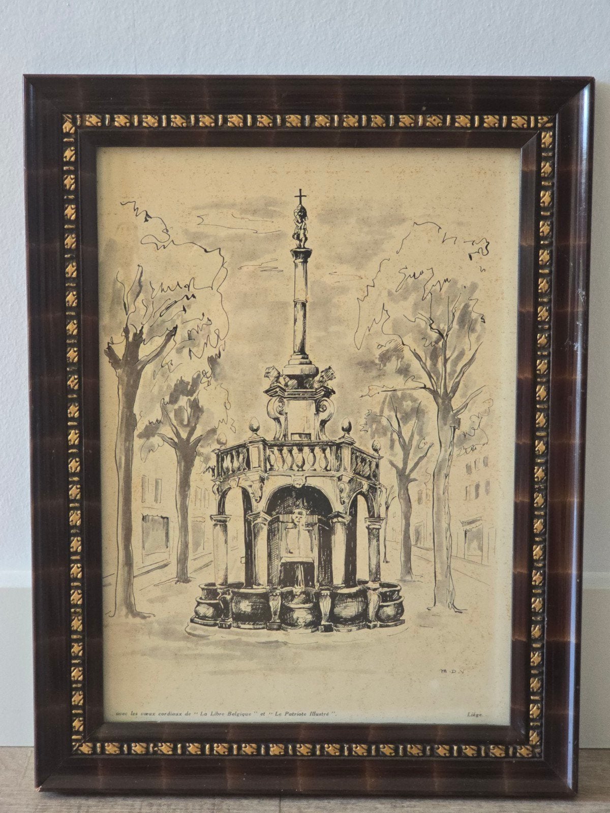 Antieke litho of ets Le Perron fontein op de Place du Marché, Ophalen of Verzenden, Lithografie